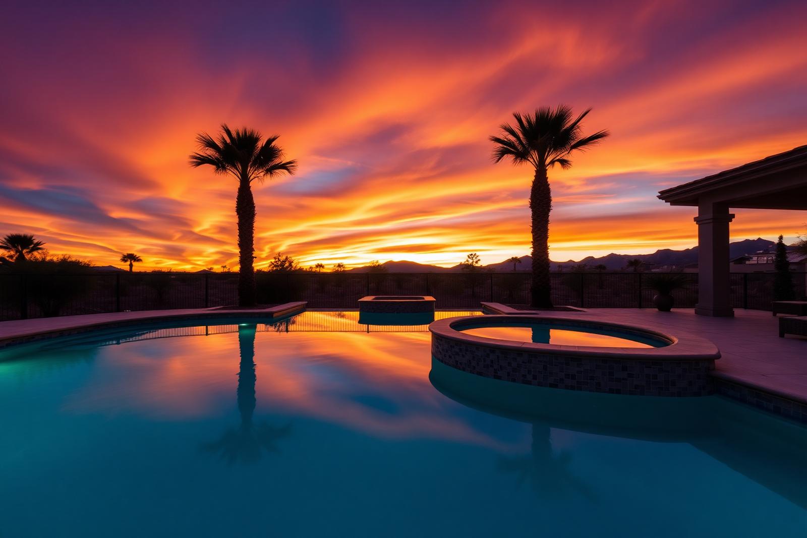 Luxury backyard pool at sunset framed by palm trees in Lake Havasu City